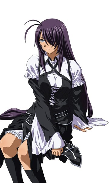 Anime picture 1000x1635 with ikkitousen kanu unchou single tall image fringe blue eyes simple background white background sitting purple hair ahoge very long hair hair over one eye girl dress socks black socks cross