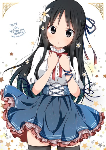 Anime picture 744x1052 with k-on! kyoto animation akiyama mio ragho no erika single long hair tall image looking at viewer blush breasts black hair simple background standing white background signed hair flower black eyes :o dated frilly skirt