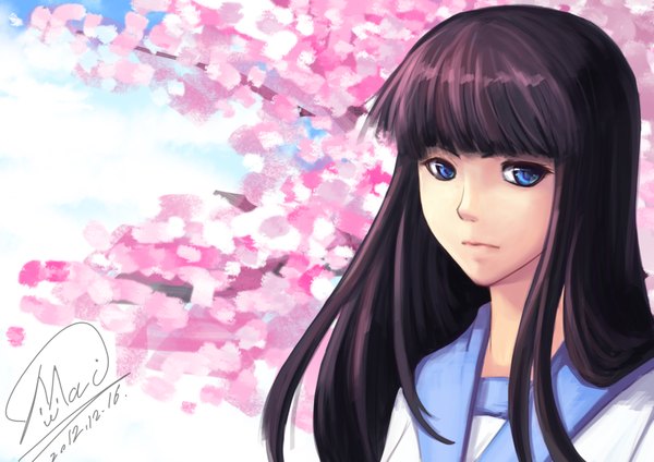 Anime picture 3507x2480 with original akimbo kimochi (artist) single long hair looking at viewer highres blue eyes black hair signed absurdres cherry blossoms girl uniform plant (plants) school uniform tree (trees) serafuku