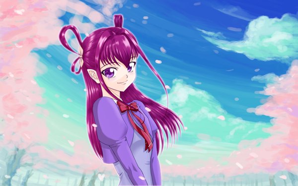 Anime picture 1920x1200 with precure futari wa pretty cure yes! precure 5 toei animation dark dream blockice single highres wide image purple eyes sky purple hair cherry blossoms spring dark cure (yes! precure 5) uniform school uniform