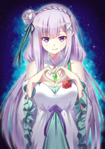 Anime picture 764x1080 with re:zero kara hajimeru isekai seikatsu white fox emilia (re:zero) zha yu bu dong hua single tall image looking at viewer smile purple eyes silver hair very long hair hair flower pointy ears blue background heart hands girl dress hair ornament flower (flowers) detached sleeves