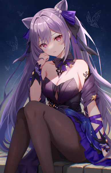 Anime picture 1323x2047 with genshin impact keqing (genshin impact) keqing (opulent splendor) (genshin impact) nasii single long hair tall image looking at viewer blush fringe breasts hair between eyes large breasts sitting purple eyes twintails bare shoulders payot cleavage purple hair