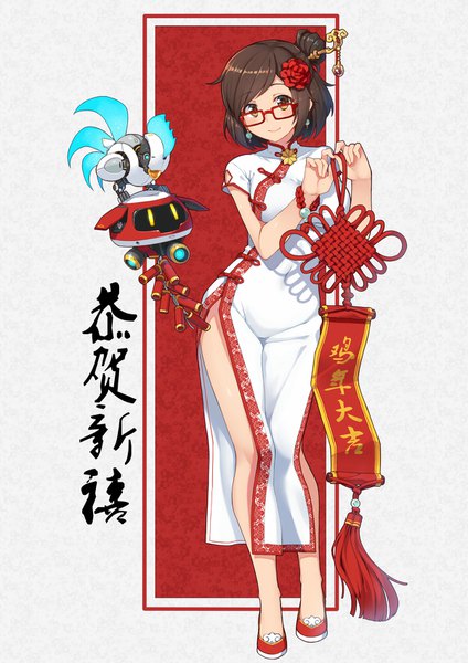 Anime picture 1200x1696 with overwatch blizzard entertainment mei (overwatch) snowball (overwatch) terras single tall image looking at viewer short hair breasts brown hair standing holding brown eyes full body traditional clothes hair flower light smile grey background short sleeves