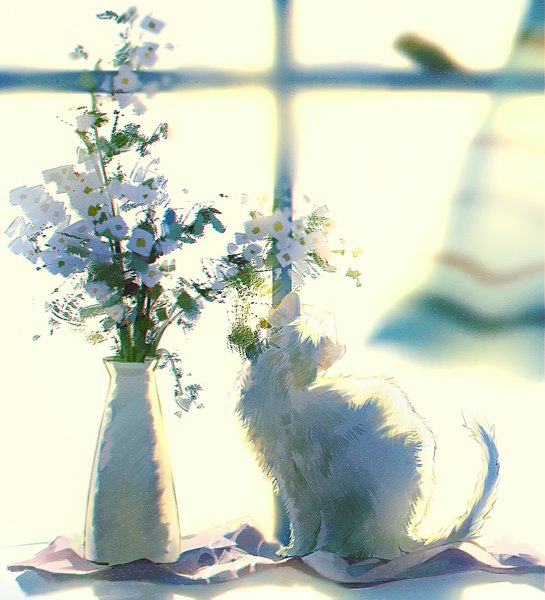 Anime picture 1000x1100 with original dizi930 single tall image sitting head tilt from behind sunlight no people flower (flowers) animal window curtains cat vase