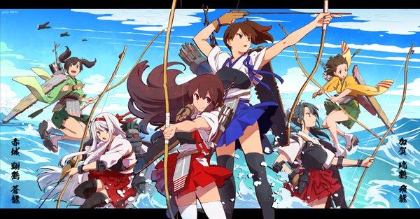 Anime picture 1500x784 with kantai collection kaga aircraft carrier akagi aircraft carrier shoukaku aircraft carrier zuikaku aircraft carrier souryuu aircraft carrier hiryuu aircraft carrier narita long hair looking at viewer short hair open mouth blue eyes black hair smile red eyes brown hair wide image twintails multiple girls