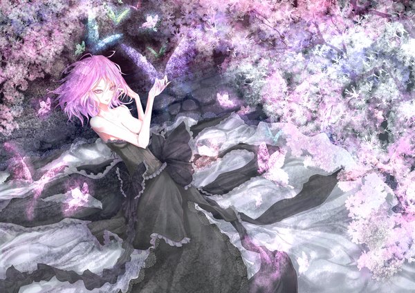 Anime picture 2300x1626 with touhou saigyouji yuyuko noah (yakumo3903) single looking at viewer highres short hair light erotic smile bare shoulders pink hair cleavage pink eyes alternate costume cherry blossoms girl dress ribbon (ribbons) black dress insect