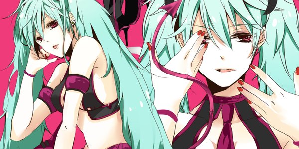 Anime picture 1536x768 with vocaloid hatsune miku hatsuko long hair open mouth red eyes wide image twintails bare shoulders nail polish aqua hair red background red nail polish girl