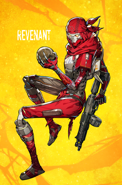 Anime picture 2835x4271 with apex legends revenant (apex legends) mika pikazo single tall image highres simple background full body official art character names yellow background boy weapon gun bandana robot gatling gun