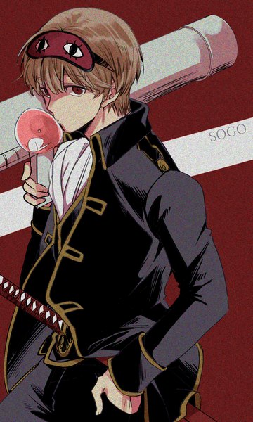 Anime picture 1937x3228 with gintama sunrise (studio) okita sougo ichino (ame0211) single tall image fringe highres short hair hair between eyes red eyes brown hair looking away character names red background hand in pocket bubble blowing boy weapon sword