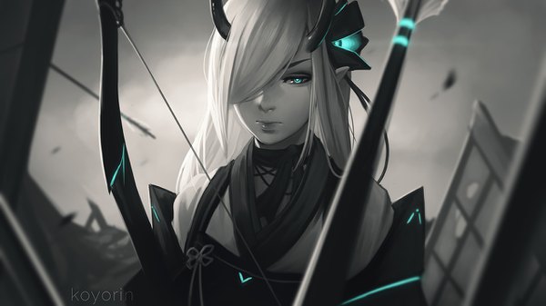 Anime picture 1280x720 with original koyoriin single long hair fringe wide image white hair lips pointy ears hair over one eye glowing monochrome eyeshadow expressionless spot color girl weapon bow (weapon)