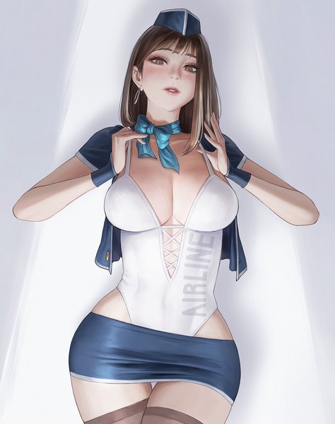 Anime picture 1105x1400 with original nuker (nukerdraws) single long hair tall image looking at viewer blush fringe breasts light erotic simple background brown hair large breasts standing brown eyes cleavage blunt bangs parted lips open clothes arms up