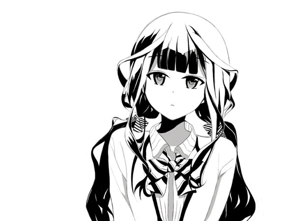 Anime picture 1024x768 with masamune-kun no revenge silver link adagaki aki (t ^ t) single long hair looking at viewer fringe simple background white background twintails low twintails monochrome girl hair ornament bow bowtie