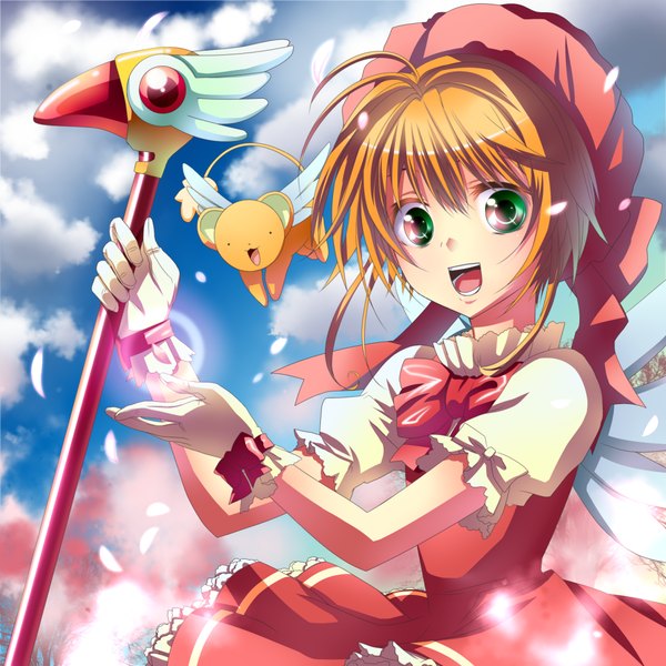 Anime picture 1134x1134 with card captor sakura clamp kinomoto sakura kero (cardcaptor sakura) chirosuke (artist) single short hair open mouth blonde hair green eyes cloud (clouds) magic girl bow animal petals wings headdress wrist cuffs staff