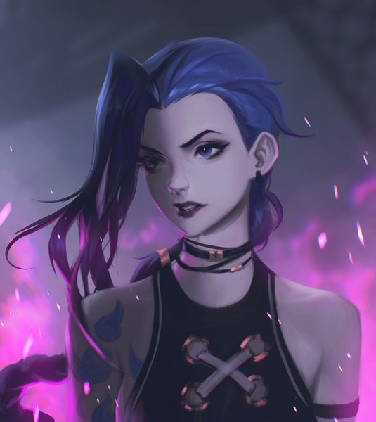 Anime picture 1674x1879 with arcane: league of legends league of legends jinx (league of legends) paul (shiramune) single long hair tall image blue eyes blue hair looking away braid (braids) tattoo lipstick single braid eyeshadow makeup clenched teeth grey skin girl earrings