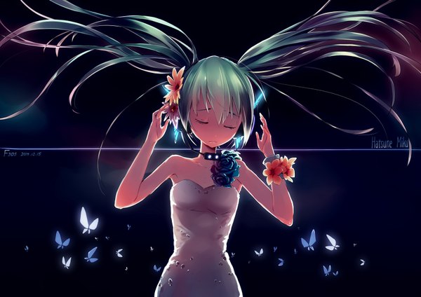 Anime picture 3507x2480 with vocaloid hatsune miku f3d (pixiv) long hair highres simple background twintails bare shoulders signed absurdres eyes closed hair flower green hair character names girl dress hair ornament flower (flowers) insect butterfly