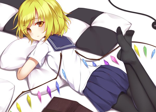 Anime picture 1528x1100 with touhou flandre scarlet flan (seeyouflan) single looking at viewer fringe short hair blonde hair lying pleated skirt orange eyes no shoes on stomach legs up checkered alternate eye color girl skirt uniform pantyhose