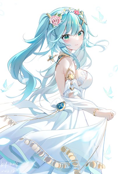Anime picture 1216x1800 with genshin impact crystalfly (genshin impact) faruzan (genshin impact) miaogujun single long hair tall image simple background white background twintails looking away hair flower aqua eyes aqua hair alternate costume dated girl dress hair ornament flower (flowers)