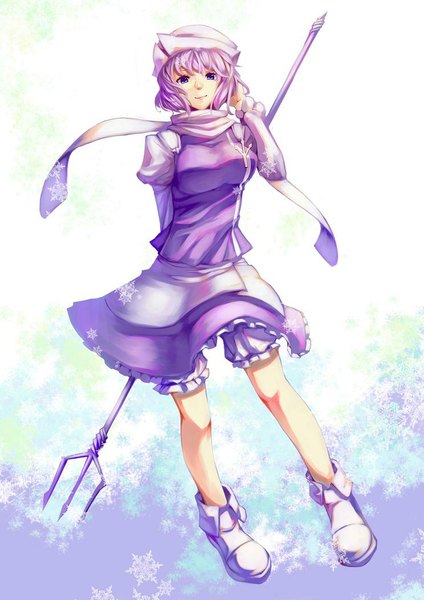 Anime picture 744x1053 with touhou letty whiterock scottie (phantom2) single tall image looking at viewer fringe short hair smile purple eyes purple hair snow hand on head girl hat boots scarf bonnet snowflake (snowflakes) knickers