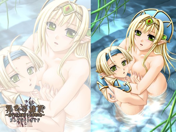 Anime picture 1280x960 with meishoku no reiki long hair looking at viewer short hair breasts open mouth light erotic blonde hair large breasts multiple girls green eyes elf girl 2 girls water hairband shinysya mook