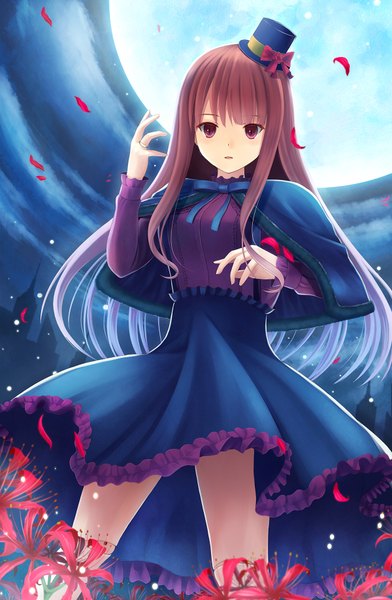 Anime picture 1200x1834 with original megimegyo single long hair tall image looking at viewer red eyes brown hair night girl dress flower (flowers) hat petals moon higanbana