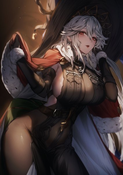 Anime picture 1400x1980 with granblue fantasy magisa (granblue fantasy) kyouya (mukuro238) single long hair tall image looking at viewer fringe breasts open mouth light erotic hair between eyes red eyes large breasts standing silver hair arms up fur trim sideboob girl
