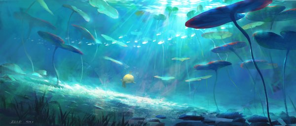 Anime picture 4700x2000 with original lost elle highres wide image sunlight underwater no people flower (flowers) plant (plants) animal grass fish (fishes) stone (stones) water lily