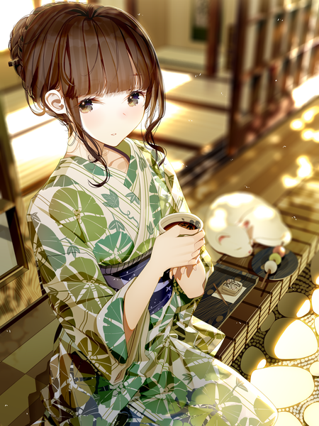 Anime picture 1440x1920 with original atha (leejuiping) single tall image looking at viewer blush fringe short hair brown hair sitting holding brown eyes payot outdoors blunt bangs traditional clothes parted lips japanese clothes blurry wide sleeves