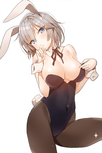 Anime picture 660x990 with idolmaster idolmaster cinderella girls anastasia (idolmaster) mx2j (nsh6394) single tall image looking at viewer blush fringe short hair breasts blue eyes light erotic large breasts bare shoulders animal ears silver hair bent knee (knees) tail head tilt