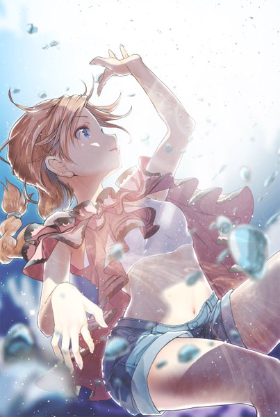 Anime picture 941x1400 with idolmaster idolmaster million live! baba konomi yae (mono110) single long hair tall image blue eyes looking away braid (braids) orange hair midriff single braid light girl navel shorts short shorts water drop denim shorts