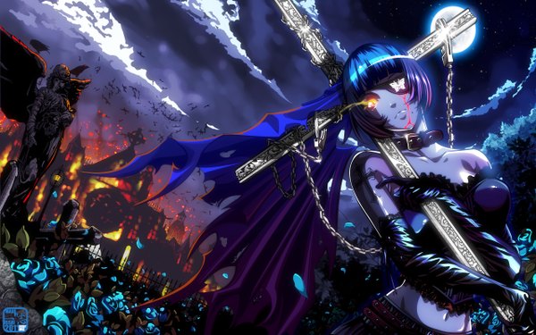 Anime picture 2560x1600 with ikkitousen ryomou shimei isshi single highres short hair wide image bare shoulders yellow eyes blue hair sky cleavage cloud (clouds) night tattoo night sky glowing glowing eye (eyes) girl gloves
