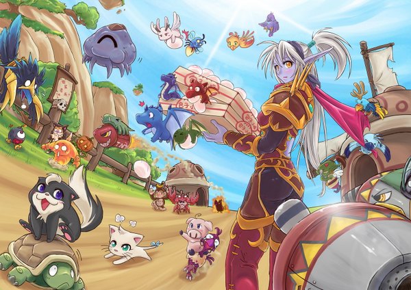 Anime picture 1400x990 with world of warcraft blizzard entertainment awei (artist) long hair looking at viewer blush yellow eyes sky silver hair tail pointy ears girl cat fruit vegetables pumpkin egg crab banana monkey
