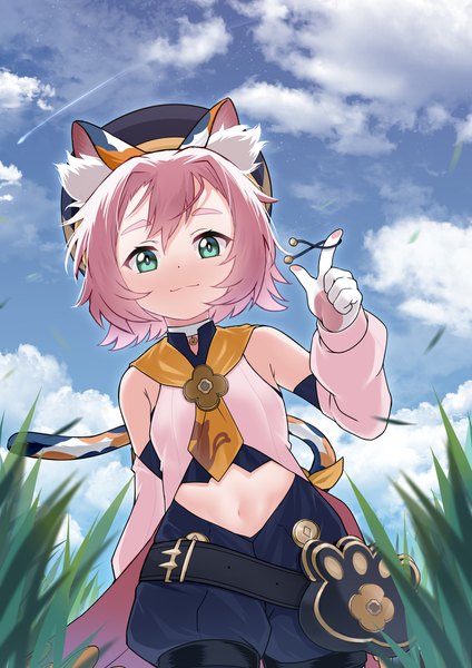 Anime picture 2000x2829 with genshin impact diona (genshin impact) caibao single tall image looking at viewer blush fringe highres short hair hair between eyes standing bare shoulders green eyes animal ears pink hair sky cloud (clouds) outdoors tail