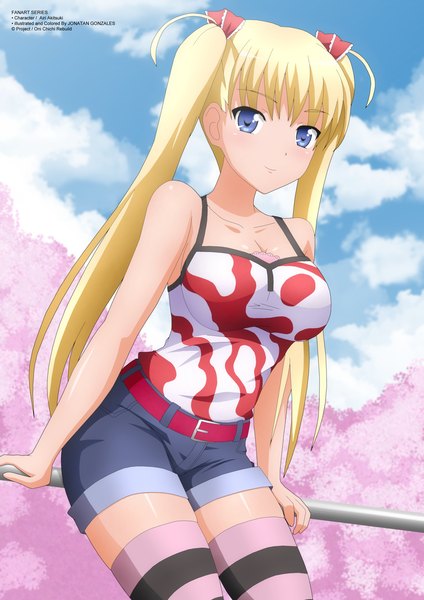 Anime picture 3150x4455 with oni chichi akizuki airi zel-sama single long hair tall image looking at viewer blush fringe highres breasts blue eyes blonde hair smile large breasts standing twintails bare shoulders absurdres sky
