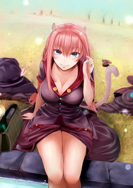 Anime picture 1410x1992 with original irohara single long hair tall image looking at viewer blush light erotic smile sitting green eyes animal ears pink hair sky cleavage tail animal tail cat ears teeth cat girl