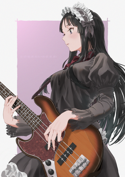 Anime picture 2470x3489 with k-on! kyoto animation akiyama mio hasisisissy single long hair tall image blush fringe highres breasts black hair simple background standing purple eyes holding looking away blunt bangs long sleeves parted lips