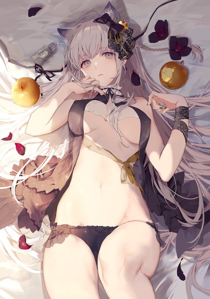 Anime picture 800x1134 with original yukisame single long hair tall image looking at viewer blush fringe breasts open mouth light erotic large breasts bare shoulders animal ears lying braid (braids) nail polish fingernails grey hair cat ears