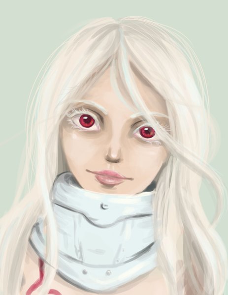 Anime picture 1488x1925 with deadman wonderland shiro (deadman wonderland) andtherewas single long hair tall image looking at viewer smile red eyes white hair lips girl