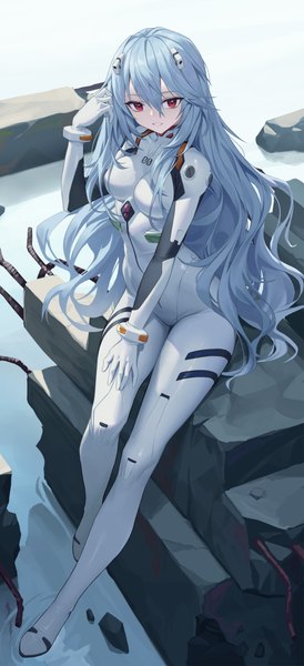 Anime picture 3308x7244 with neon genesis evangelion rebuild of evangelion evangelion: 3.0+1.0 thrice upon a time gainax ayanami rei xzu single long hair tall image looking at viewer fringe highres breasts hair between eyes red eyes sitting blue hair absurdres full body from above