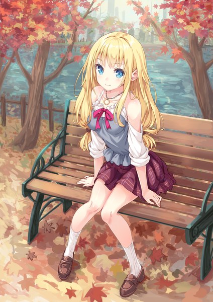 Anime-Bild 1528x2161 mit original hinoki yuu single long hair tall image looking at viewer blush fringe highres breasts blue eyes blonde hair smile sitting bare shoulders outdoors off shoulder twisty sleeves autumn lake