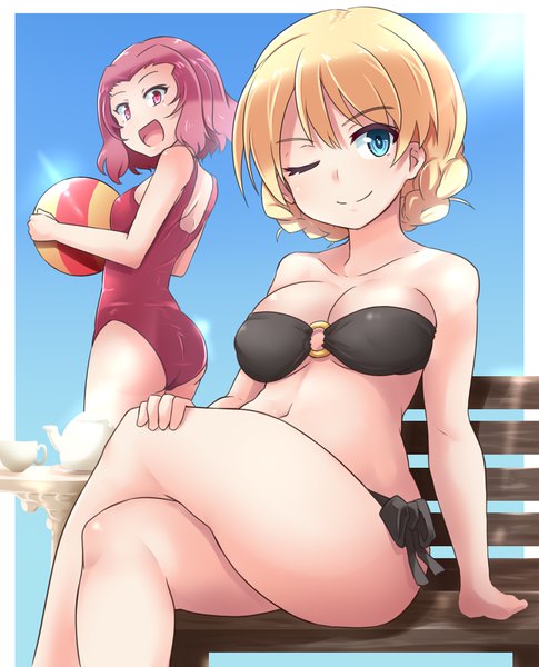 Anime picture 970x1200 with girls und panzer darjeeling (girls und panzer) rosehip (girls und panzer) kitayama miuki tall image looking at viewer blush fringe short hair breasts open mouth blue eyes light erotic blonde hair smile hair between eyes large breasts standing sitting bare shoulders