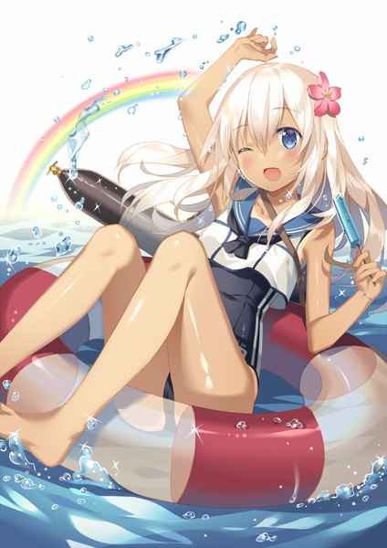 Anime picture 636x900 with kantai collection ro-500 submarine rie (reverie) single long hair tall image blush open mouth blue eyes light erotic blonde hair smile white background bent knee (knees) one eye closed hair flower wink legs girl flower (flowers)