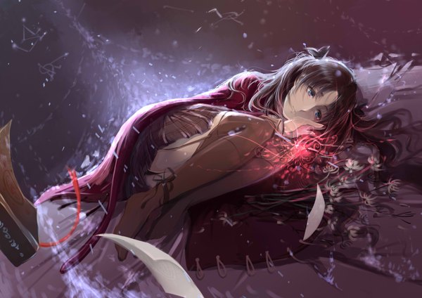 Anime picture 3507x2480 with fate (series) fate/stay night type-moon toosaka rin cr single long hair highres blue eyes black hair absurdres lying on side girl thighhighs skirt flower (flowers) black thighhighs book (books) paper