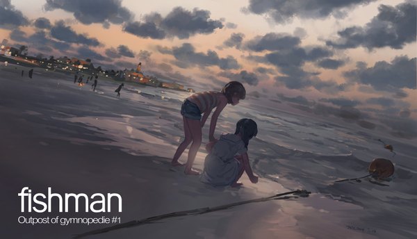 Anime picture 1559x895 with original hjl long hair short hair brown hair wide image multiple girls sky cloud (clouds) braid (braids) barefoot inscription leaning leaning forward beach twin braids evening squat landscape scenic