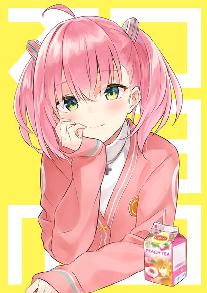 Anime picture 1000x1412 with virtual youtuber game club project lipton sakuragi miria azuuru single tall image looking at viewer blush fringe short hair simple background hair between eyes twintails green eyes pink hair upper body ahoge sleeves past wrists yellow background