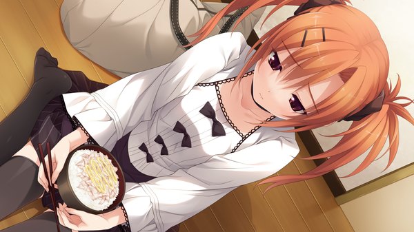 Anime picture 1920x1080 with imouto no katachi sumeragi ayaka long hair highres red eyes wide image twintails game cg orange hair girl thighhighs dress black thighhighs food