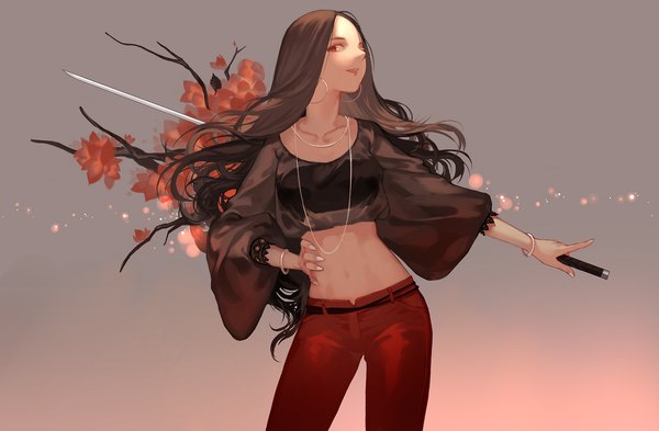 Anime picture 1200x787 with original joseph lee single long hair looking at viewer open mouth simple background red eyes brown hair standing holding fingernails bare belly hand on hip long fingernails girl flower (flowers) weapon earrings sword