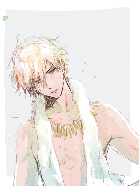 Anime picture 600x800 with fate (series) fate/grand order gilgamesh (fate) saryo single tall image fringe short hair simple background blonde hair hair between eyes red eyes looking away upper body head tilt grey background topless framed sketch towel around neck