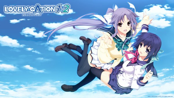 Anime picture 1920x1080 with lovely x cation 2 hibiki works narukawa hime nanasawa yuni iizuki tasuku long hair looking at viewer fringe highres short hair open mouth smile wide image purple eyes multiple girls brown eyes blue hair game cg sky purple hair