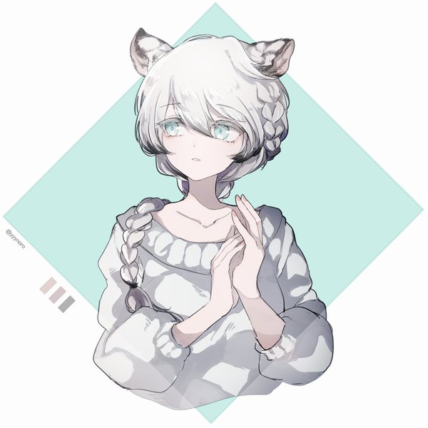 Anime picture 1141x1141 with original captain yue single long hair fringe hair between eyes signed animal ears looking away silver hair upper body braid (braids) aqua eyes twitter username single braid hands clasped tiger ears girl sweater