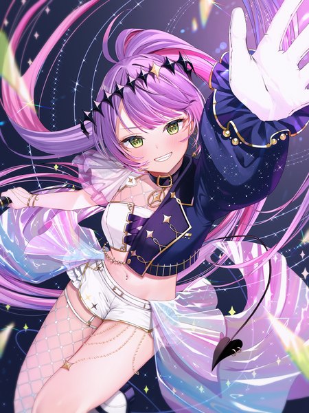 Anime picture 3000x4000 with virtual youtuber hololive tokoyami towa tokoyami towa (break your xxx) runlan 0329 single tall image looking at viewer highres smile green eyes purple hair ponytail tail very long hair head tilt arm up grin official alternate costume demon tail